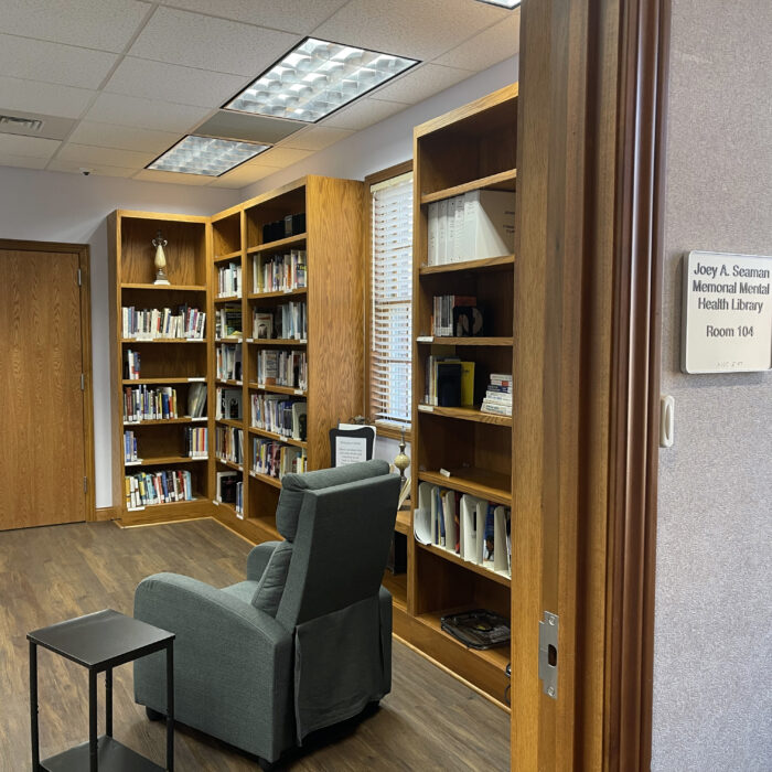 Library shelves with seating area